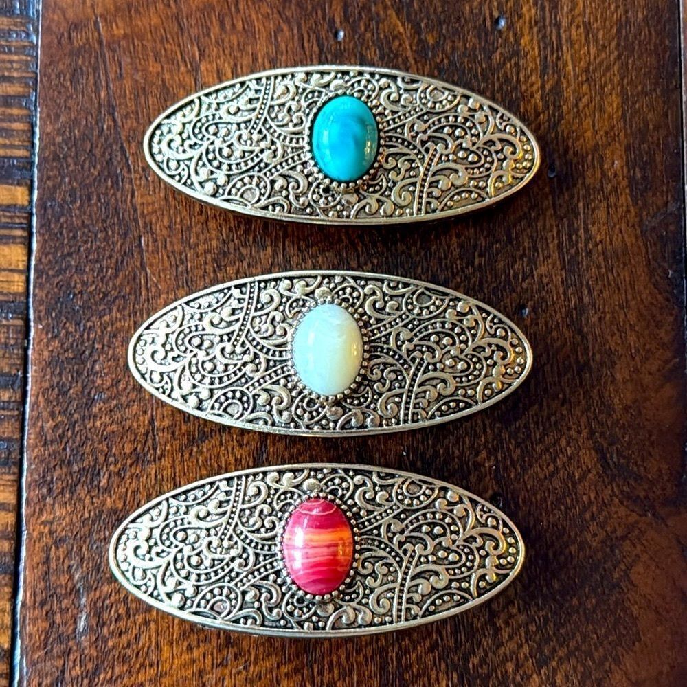 Jeweled French Barrette Set – Simulated Gemstone Inlay: Turquoise, Coral & Opal